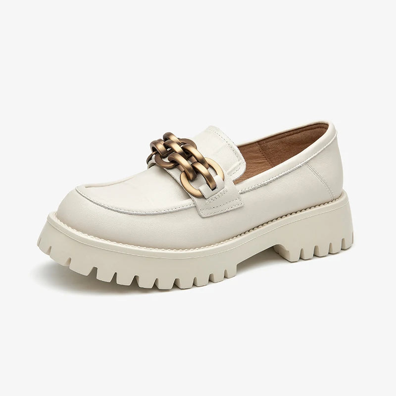 Chunky Women's Genuine Leather Platform Shoes Round Toe Metal Chain Slip on Loafers