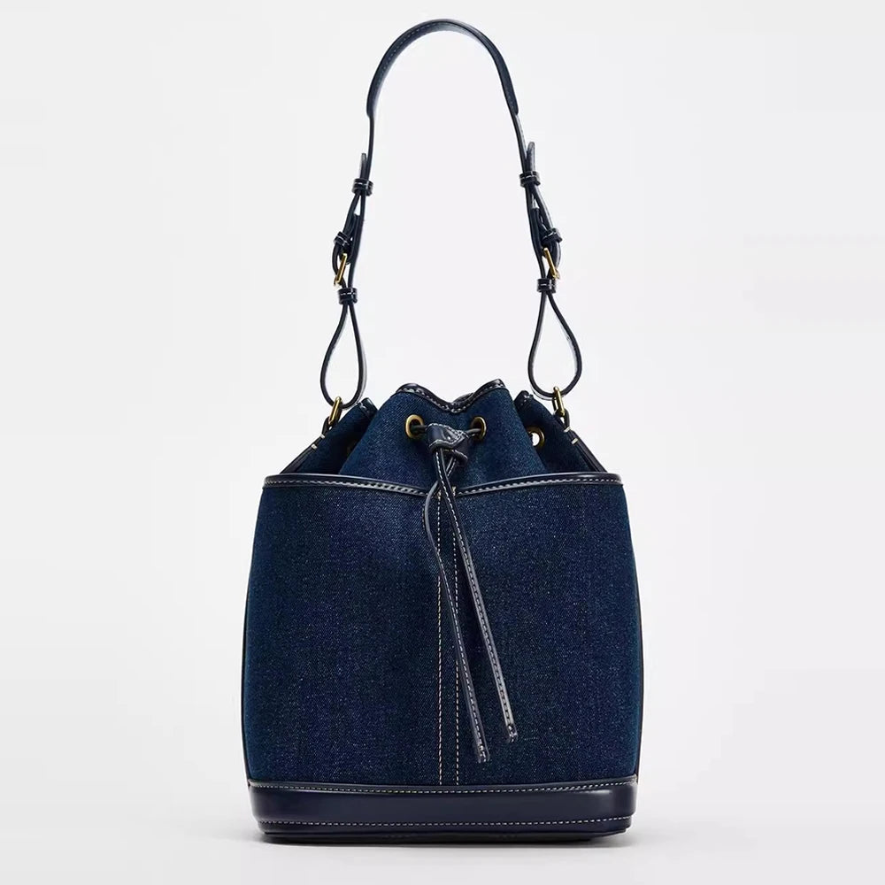Vyne Denim & Canvas Shoulder Bucket Bag with Drawstring