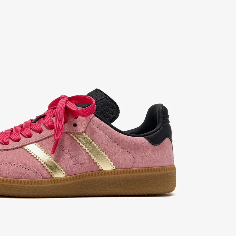Cow Suede Patchwork Leather Lace Up Pink Sneakers