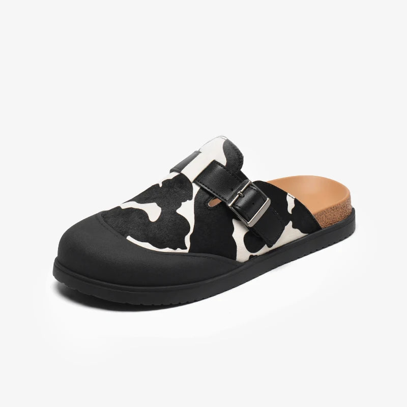 Casual Cow Leather Cow Pattern Round Toe Slippers