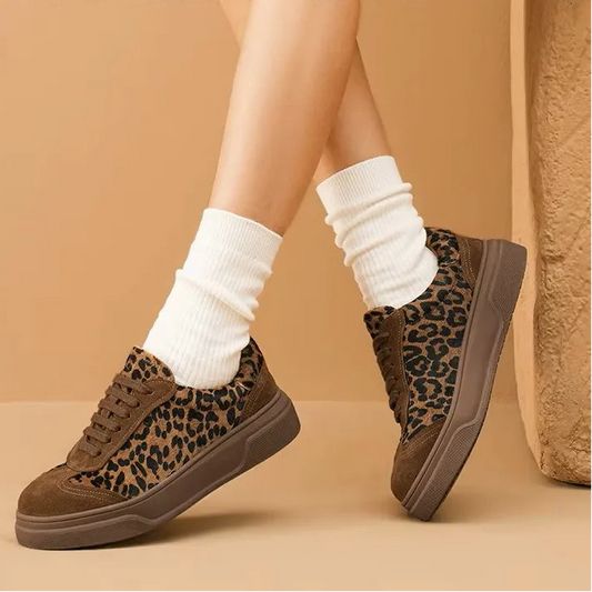Cow Suede Lace-up Round Toe Leopard Print Sneakers