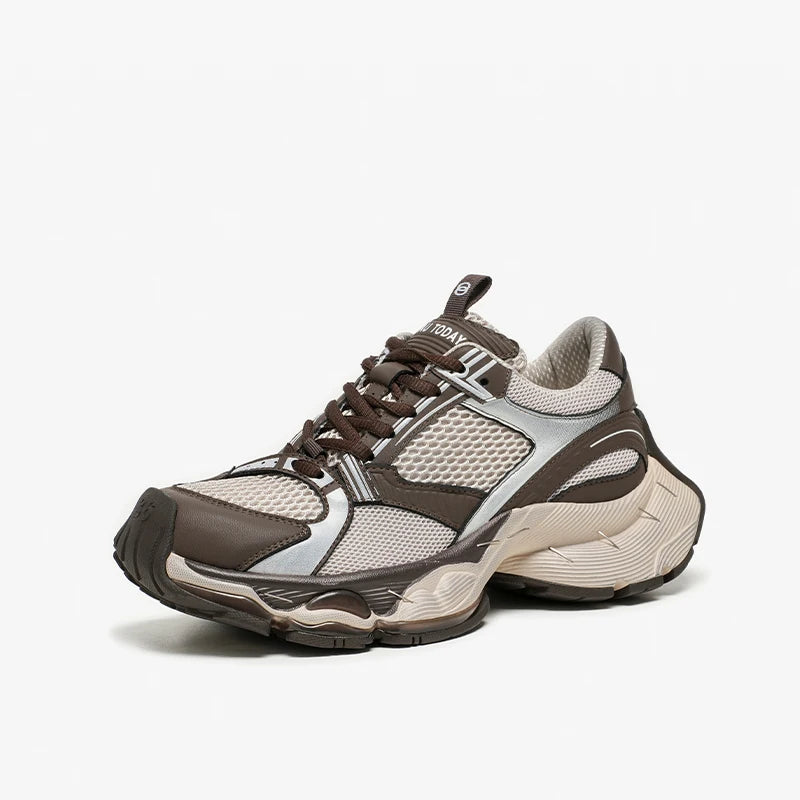 Split Leather Mesh Round Toe Lace-up Thick Sole Chunky Sneakers