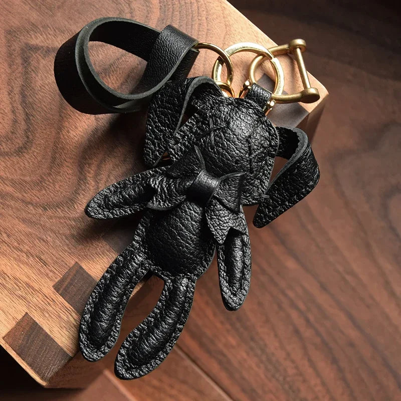 Handmade Leather Cute Rabbit Bag Charm Keychain Key Ring for gift