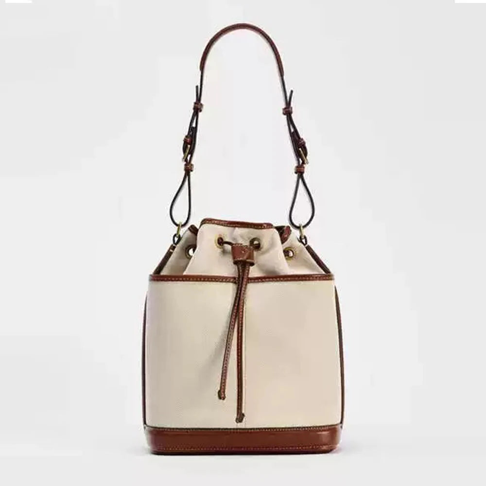 Vyne Denim & Canvas Shoulder Bucket Bag with Drawstring