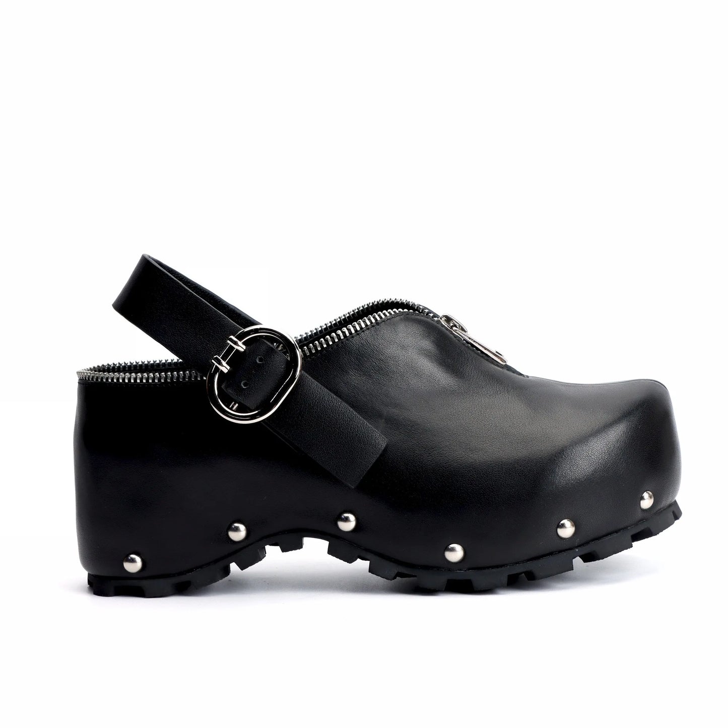 Black Studded Leather Platform Clogs with Arch Support, Zipper Detail