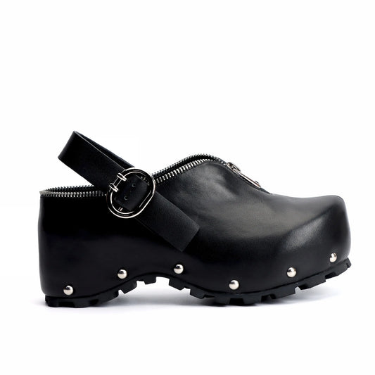 Black Studded Leather Platform Clogs with Arch Support, Zipper Detail