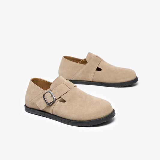 Cow Suede Leather Buckle Strap Round Toe Casual Flats