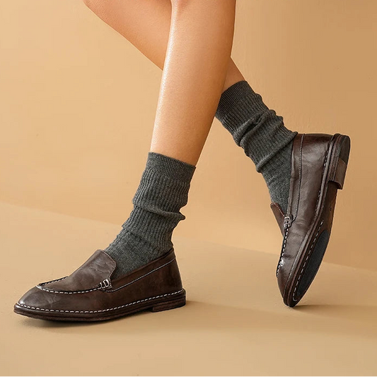 Horse Leather Round Toe Retro Slip-on  Loafers