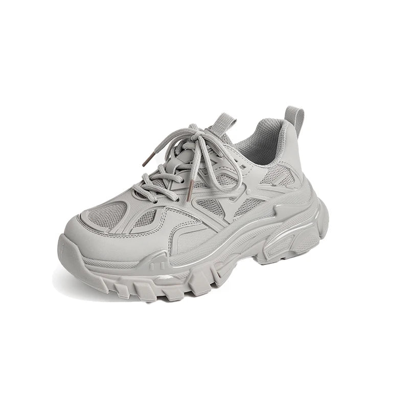 Women's Chunky Synthetic Leather Mesh Patchwork Round Toe Lace-Up Sneakers
