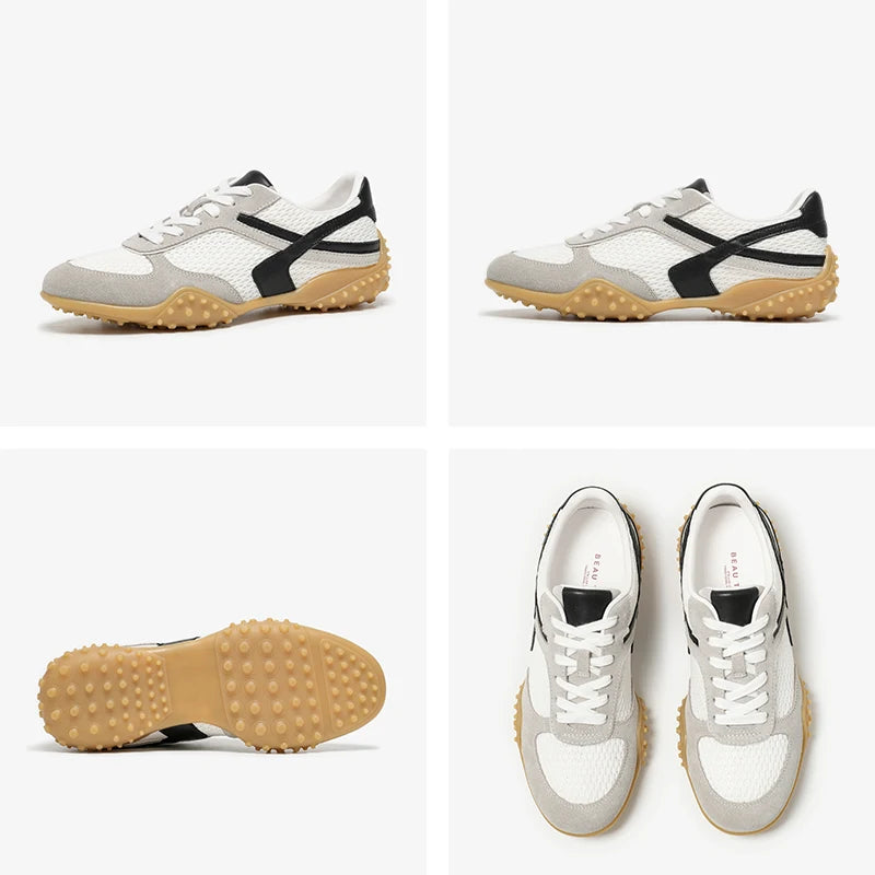 Mesh Patchwork Lace-Up Round Toe Trainers