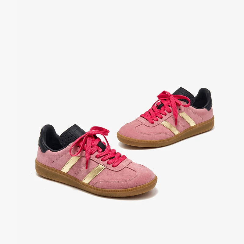 Cow Suede Patchwork Leather Lace Up Pink Sneakers