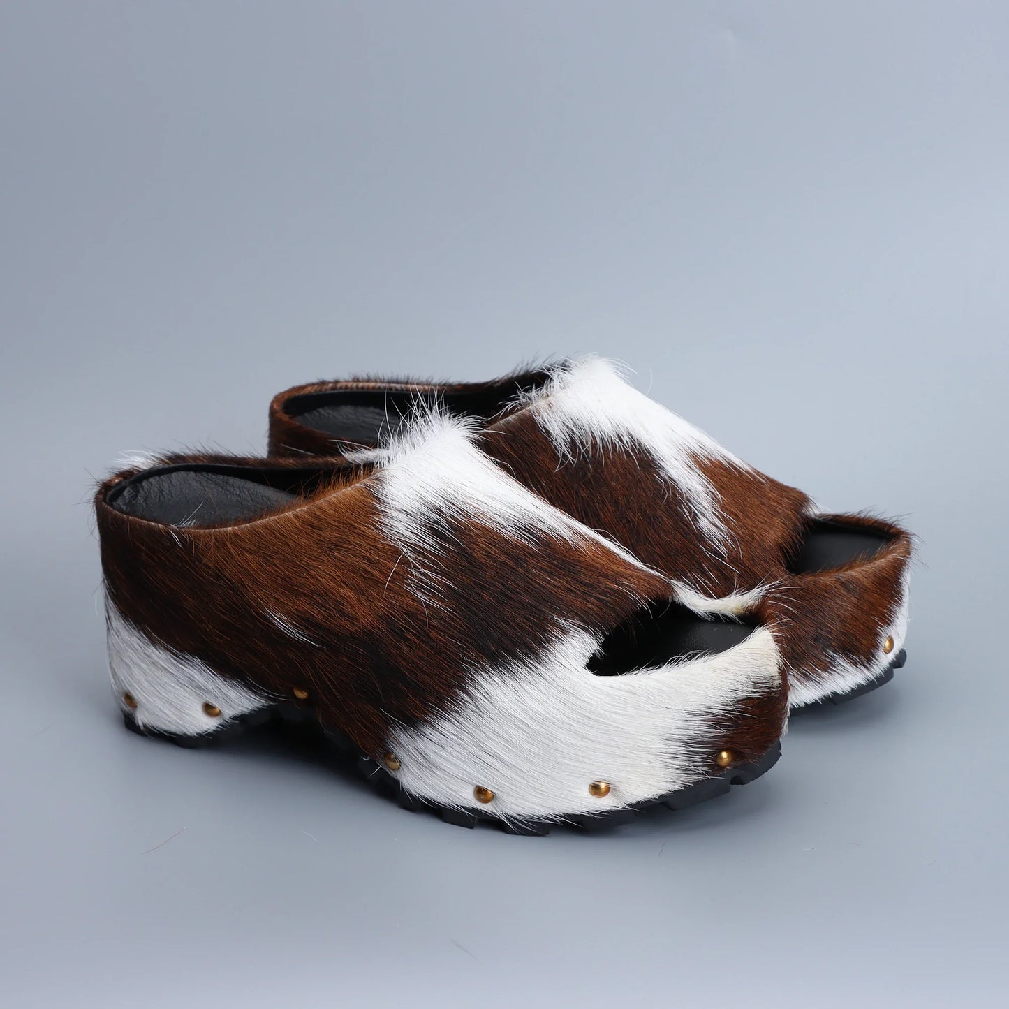 Real Calf Hair Leather Lined Slip On Platform Mules Clogs