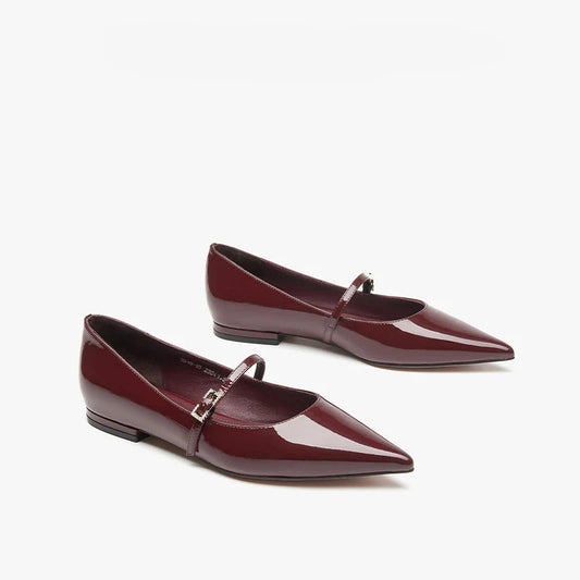 Patent Leather Pointed Toes Buckle Straps Solid Mary Jane Flats