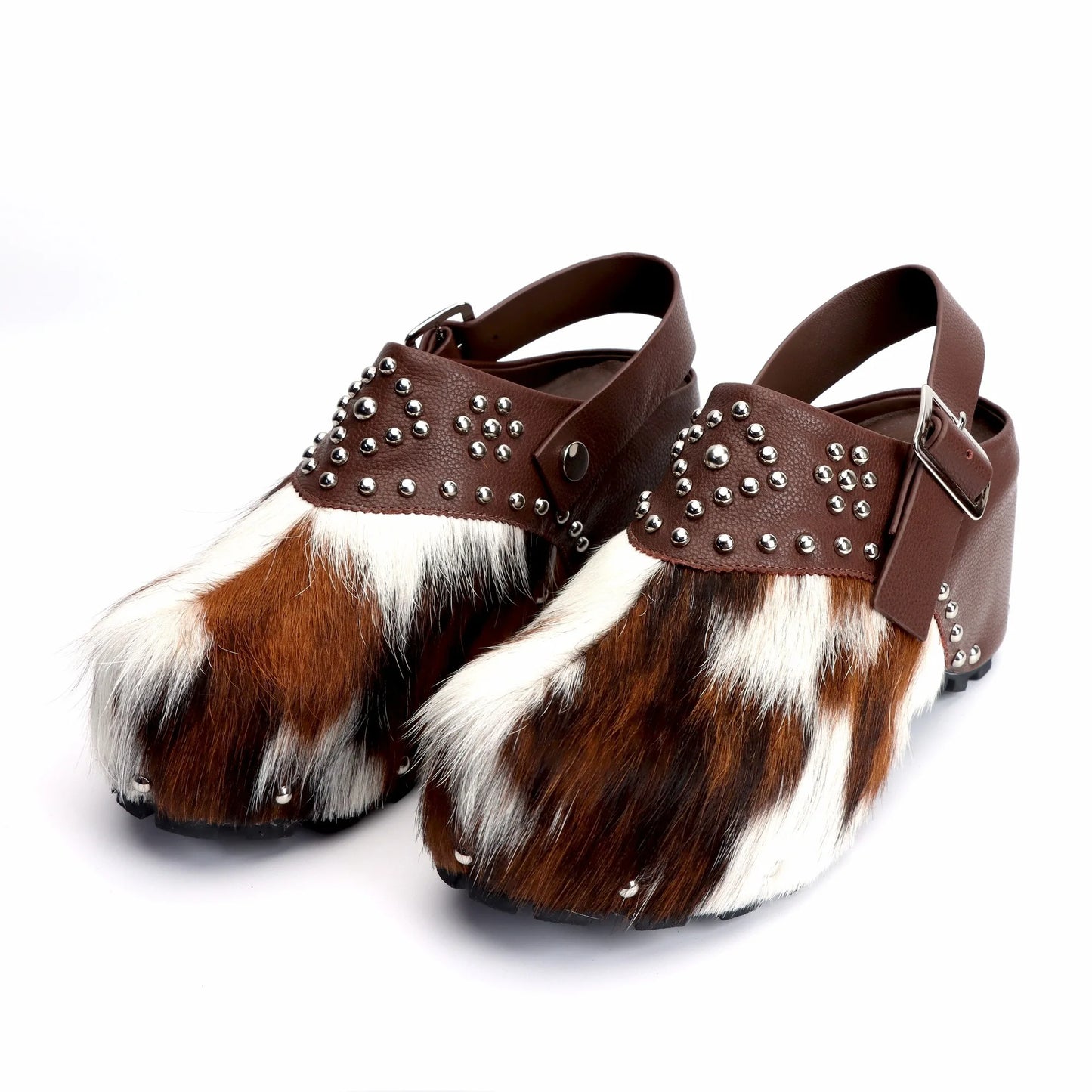 Studded Platform Clogs with Natural Calf Hair and Leather Lining