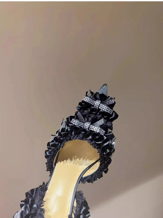 Pointed  Diamond Bow Decoration Lace High Heel
