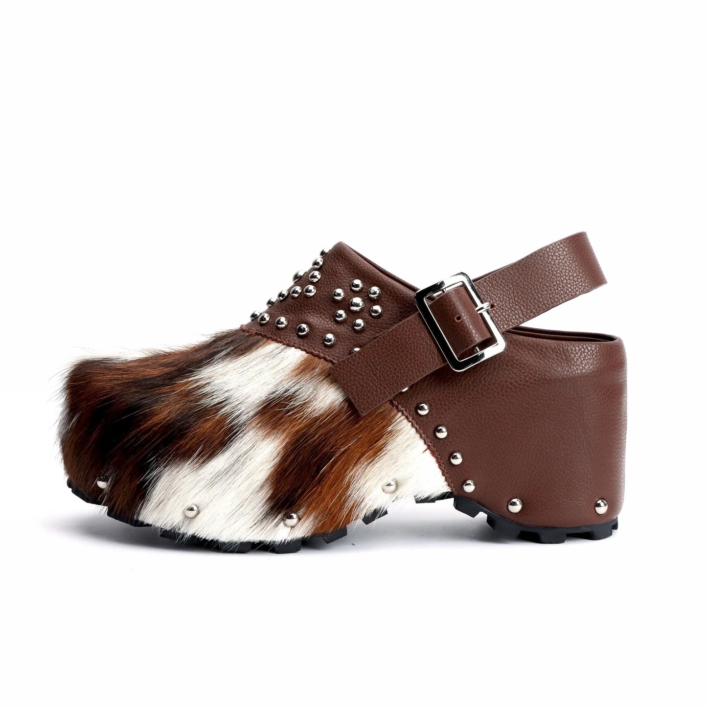 Studded Platform Clogs with Natural Calf Hair and Leather Lining