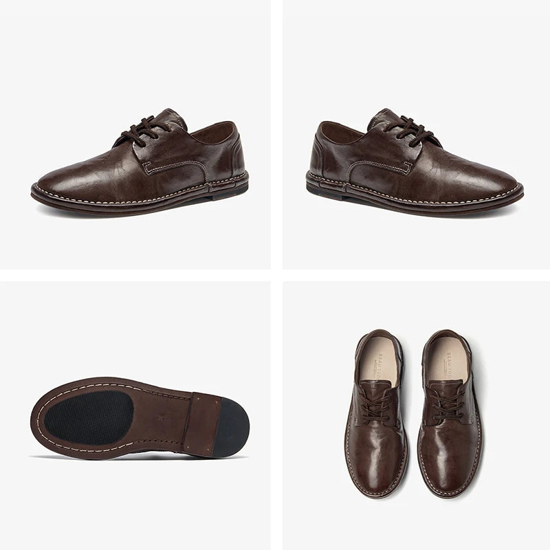 Genuine Horse Leather Solid Color Round Toe Lace-up Classic Oxfords