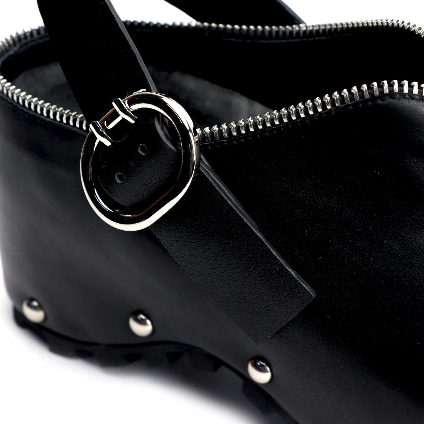 Black Studded Leather Platform Clogs with Arch Support, Zipper Detail