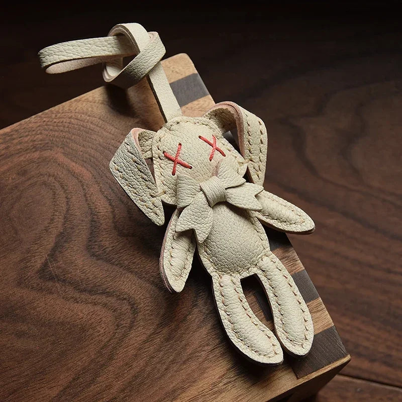 Handmade Leather Cute Rabbit Bag Charm Keychain Key Ring for gift