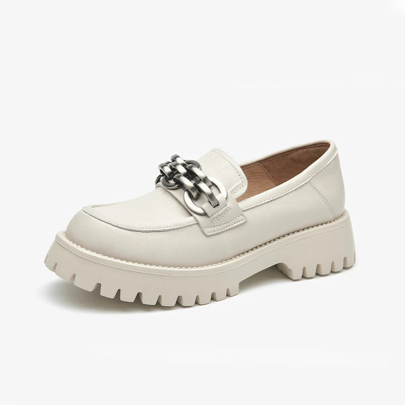 Chunky Women's Genuine Leather Platform Shoes Round Toe Metal Chain Slip on Loafers