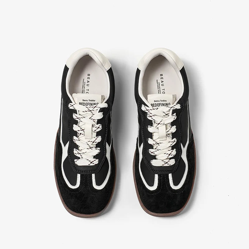 Cow Suede Leather Mixed Colors Lace-up Patchwork Round Toe Skate Sneakers