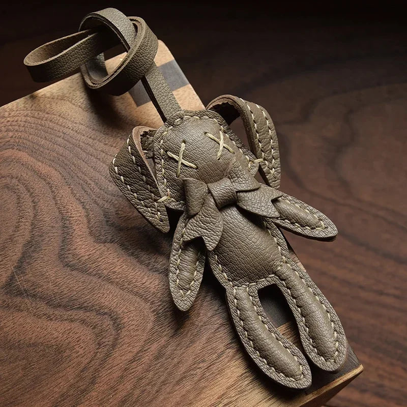 Handmade Leather Cute Rabbit Bag Charm Keychain Key Ring for gift
