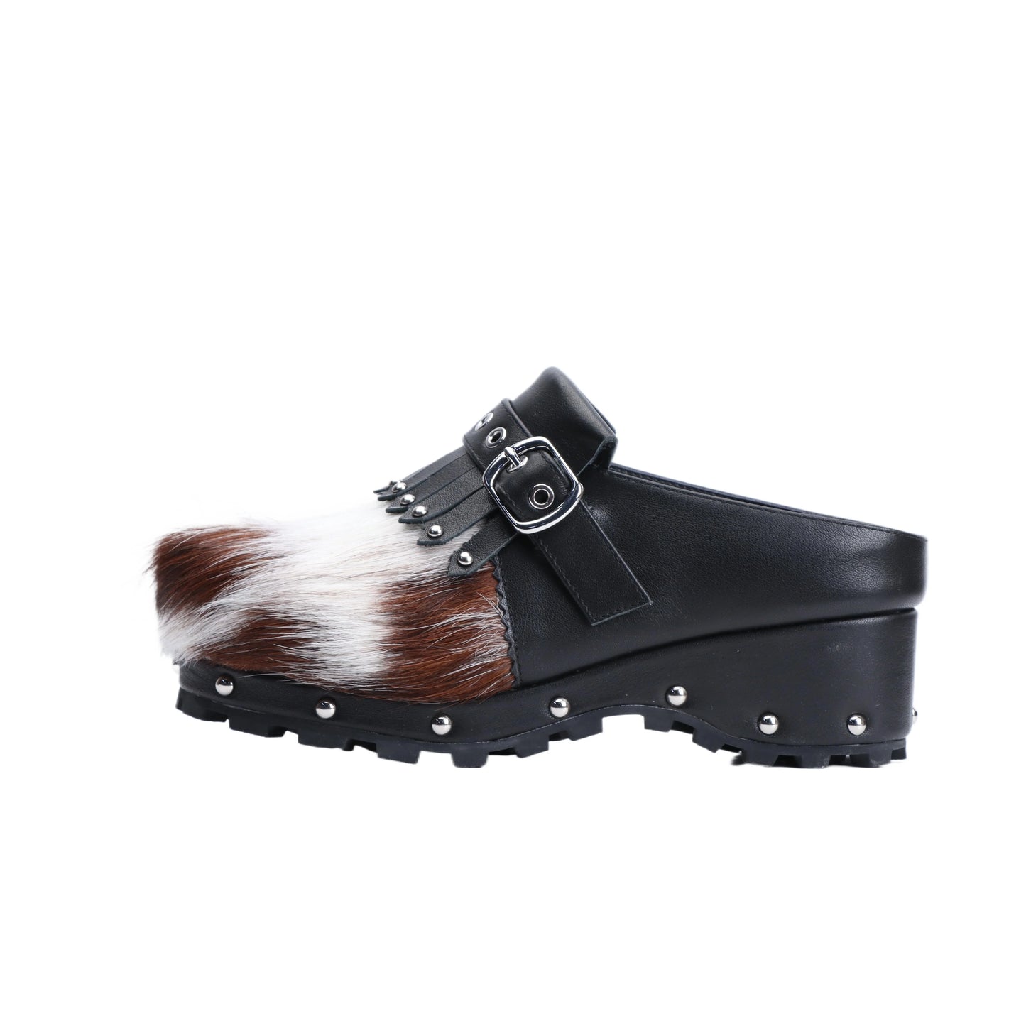 Handmade Cowhide Fur, Rubber Sole, Latex Insole, Tassel Detail Mule Sandals