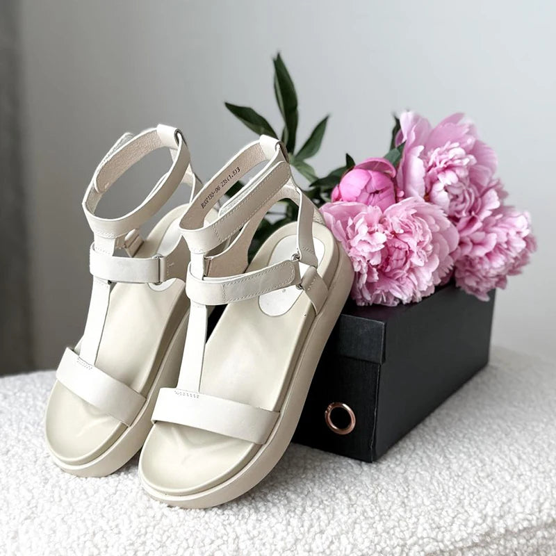 Calfskin Leather Open Toe T-Strap Gladiator Sandals