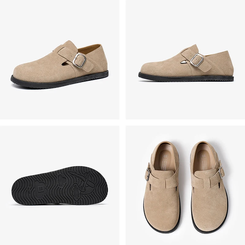 Cow Suede Leather Buckle Strap Round Toe Casual Flats