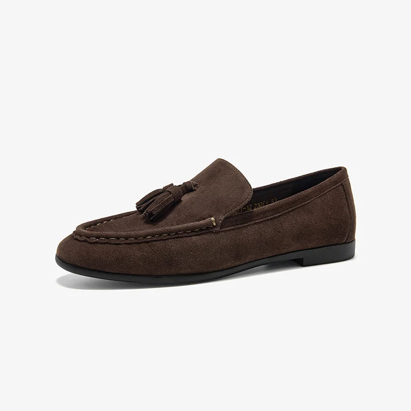 Kid Suede Leather Tassel Round Toe Slip On Casual Loafers