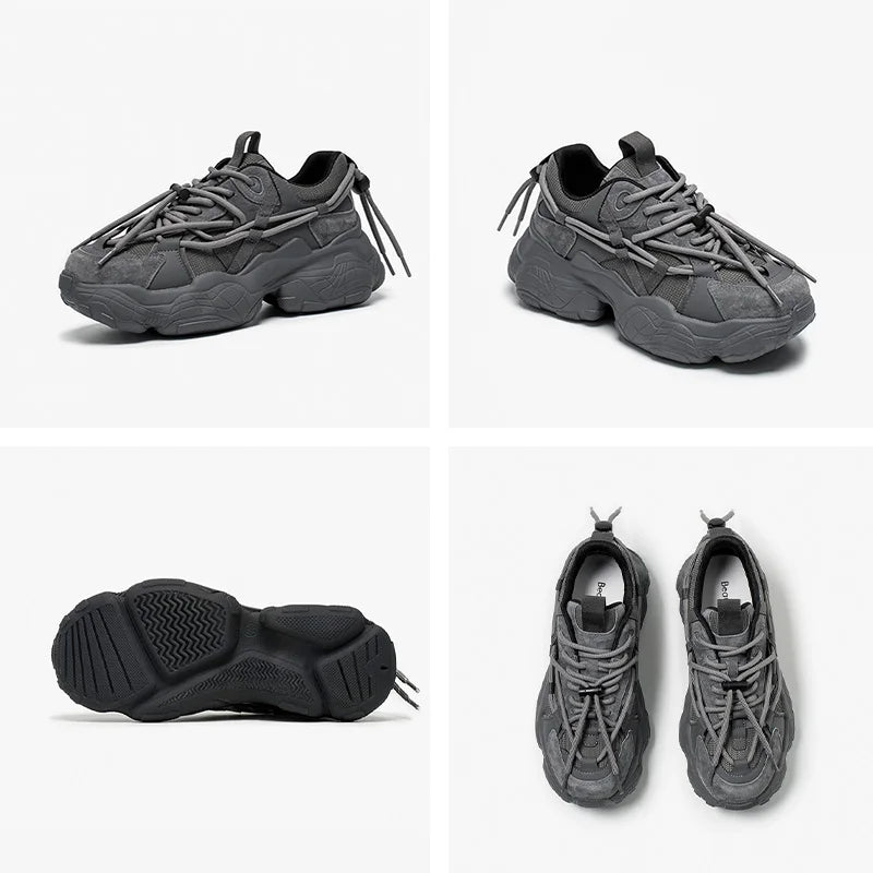 Chunky Casual Mesh Mixed Color Lace Up Thick Heel Shoes