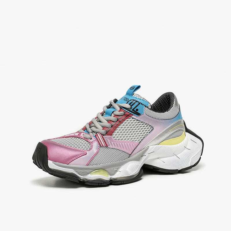 Split Leather Mesh Round Toe Lace-up Thick Sole Chunky Sneakers