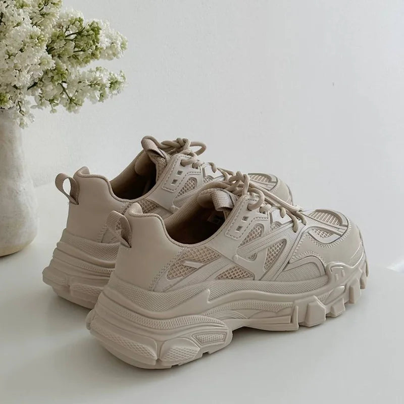 Women's Chunky Synthetic Leather Mesh Patchwork Round Toe Lace-Up Sneakers