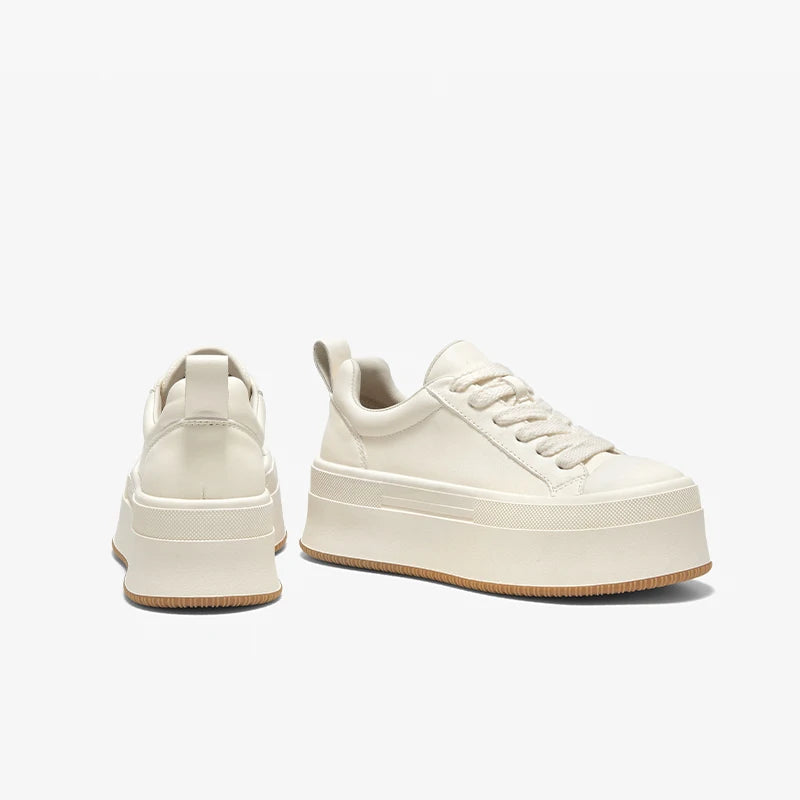 Cow Leather Platform Solid Color Round Toe Lace-up Sneakers