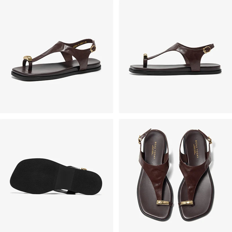 Calfskin Leather T-Strap Square Toe Gladiator Sandals