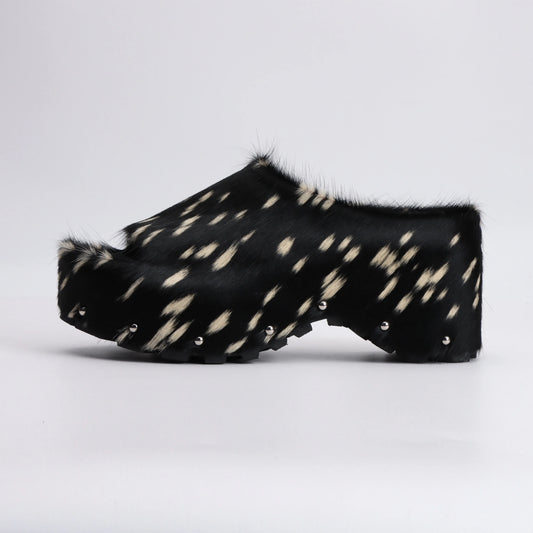 Calf Hair Leather Platform Lined Slip On Clog  Mules