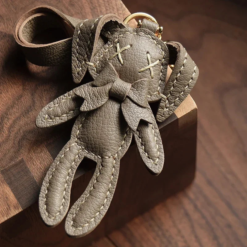 Handmade Leather Cute Rabbit Bag Charm Keychain Key Ring for gift