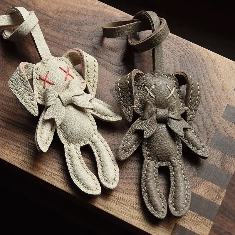 Handmade Leather Cute Rabbit Bag Charm Keychain Key Ring for gift