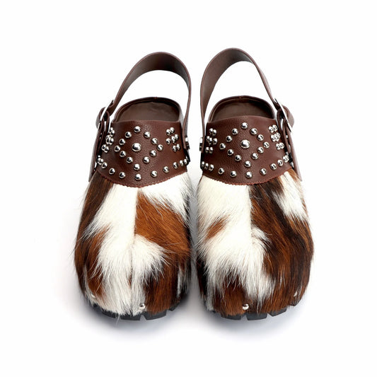 Studded Platform Clogs with Natural Calf Hair and Leather Lining