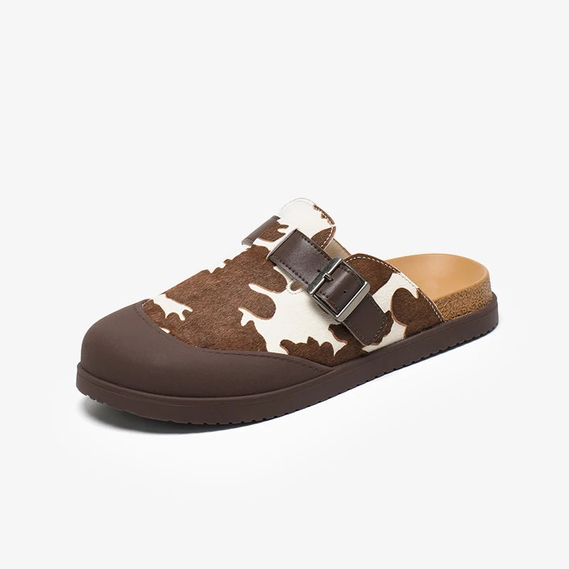 Casual Cow Leather Cow Pattern Round Toe Slippers