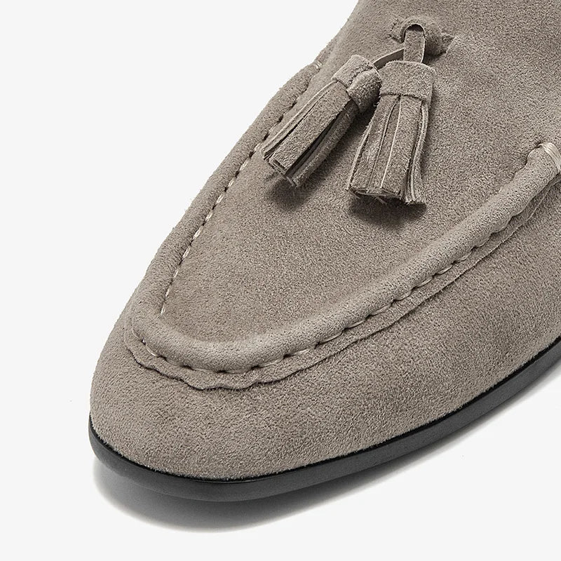Kid Suede Leather Tassel Round Toe Slip On Casual Loafers