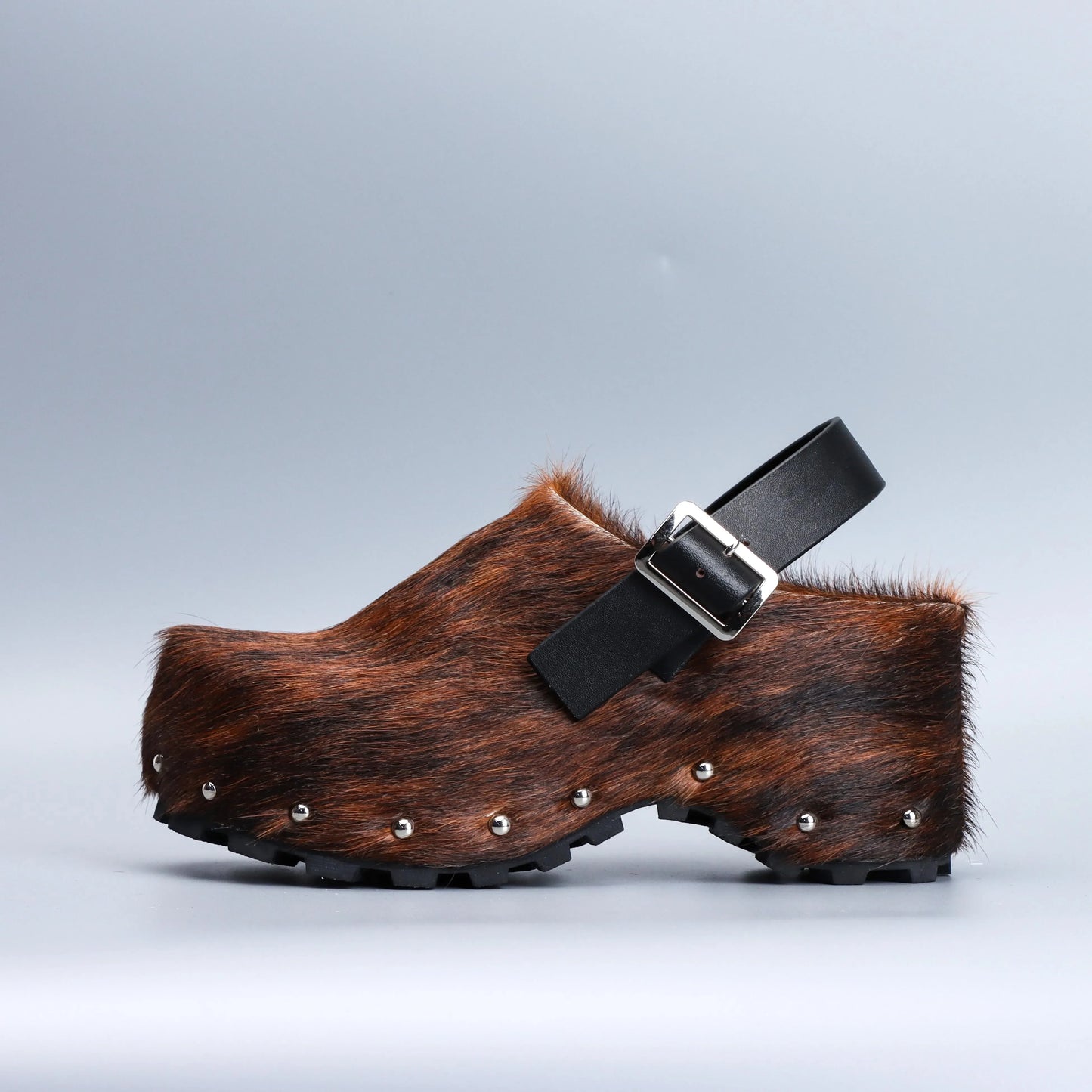 Real Calf Hair Leather Lined Slip On Platform Mules Clogs