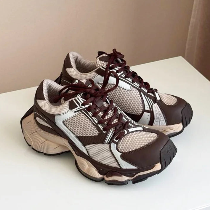 Split Leather Mesh Round Toe Lace-up Thick Sole Chunky Sneakers