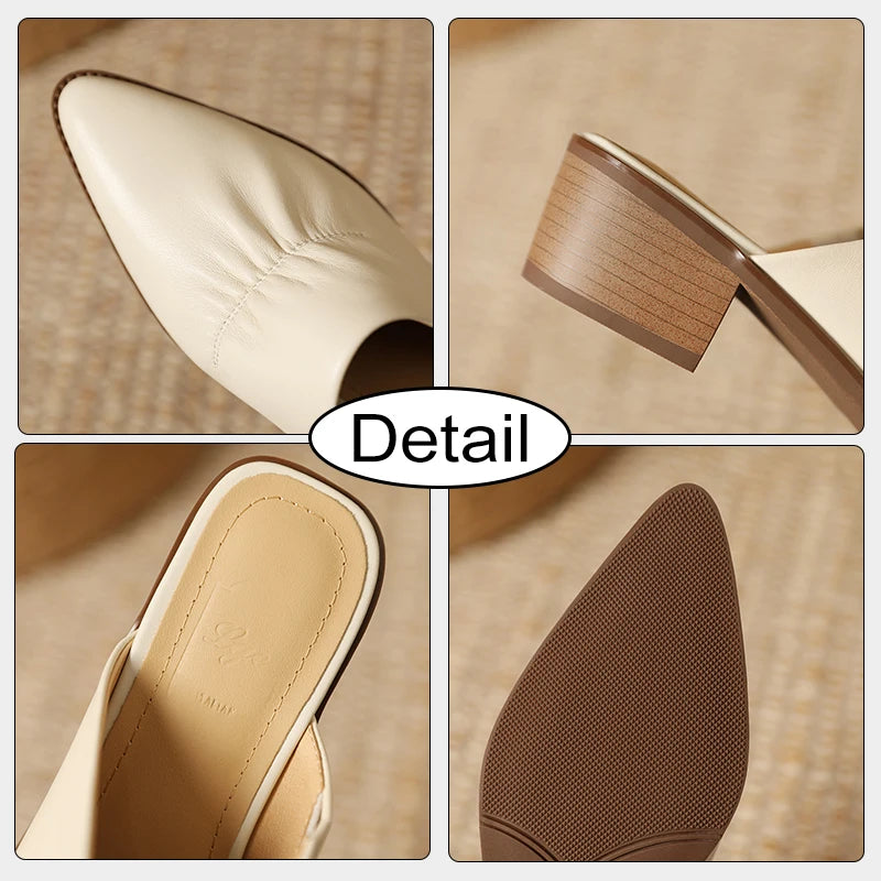 Real Leather Chunky Heel Mule Slides