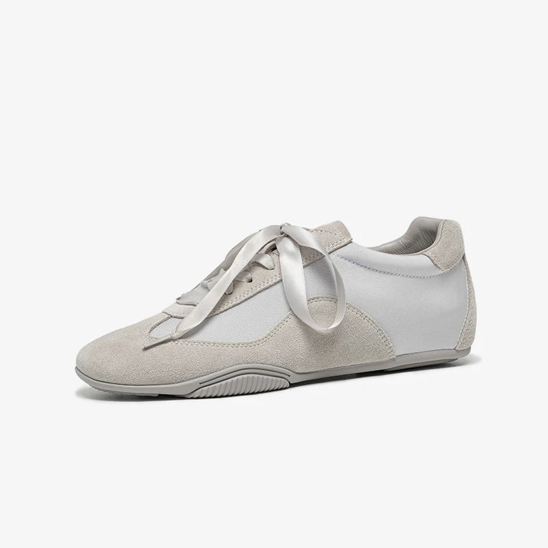 Cow Suede Leather Patchwork Ribbon Lace-up Ballet Sneakers