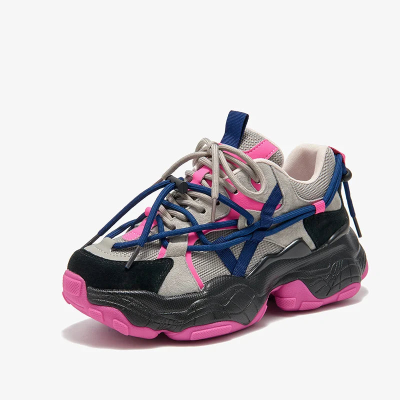 Mesh Leather Patchwork Double Lace-Up Platform Chunky Sneakers
