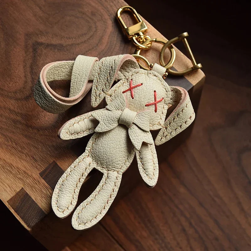 Handmade Leather Cute Rabbit Bag Charm Keychain Key Ring for gift