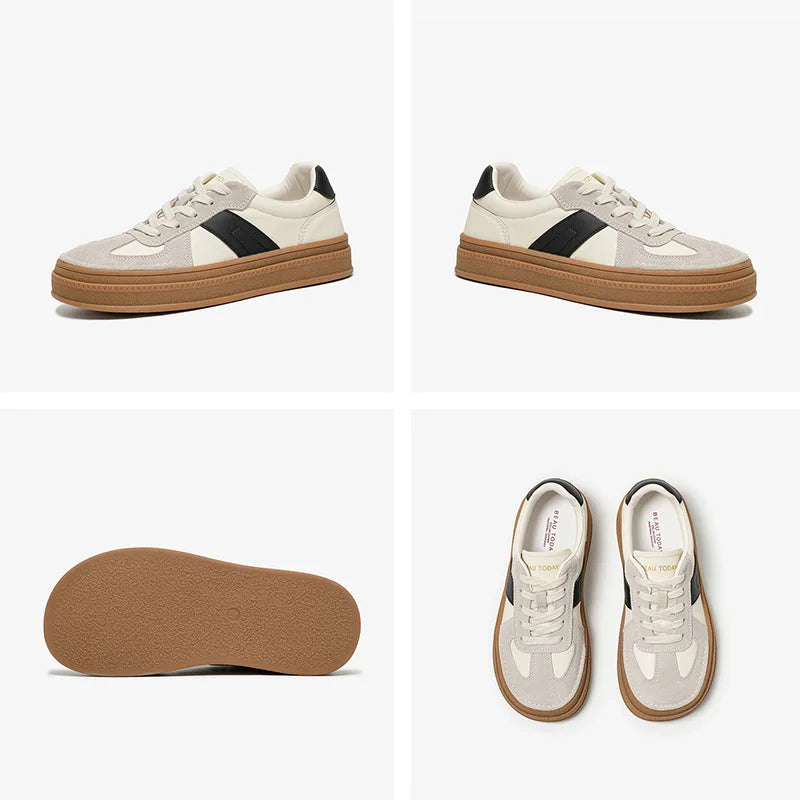 Cow Suede Split Leather Microfiber Patchwork Lace-up Sneakers