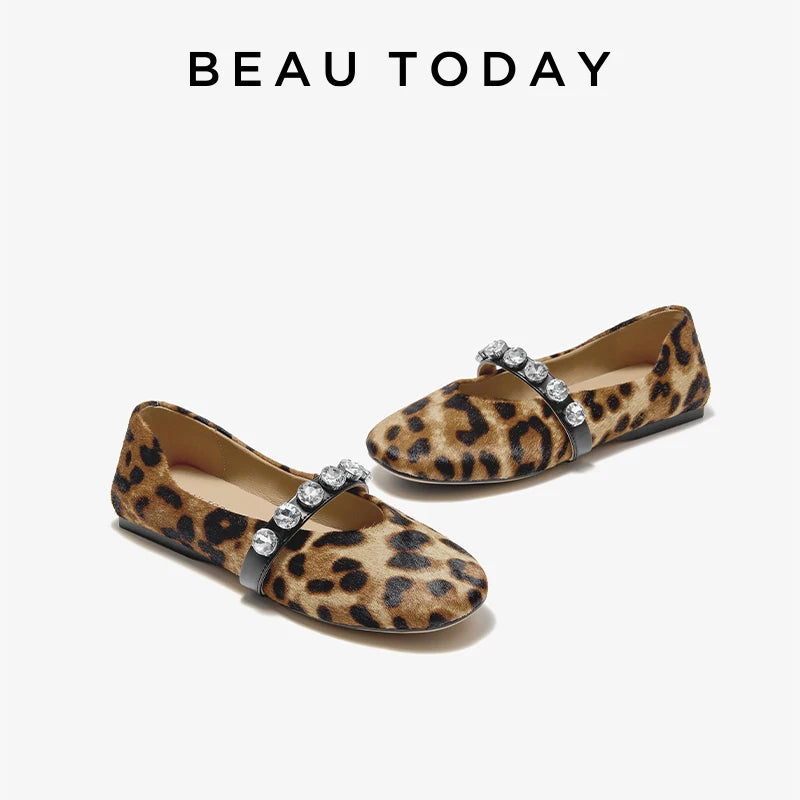BEAUTODAY Mary Janes Shoes leopard Women Soft Horsehair Crystal Decoration Round Toe Ballet Flats Ladies Slip-on Handmade 28365