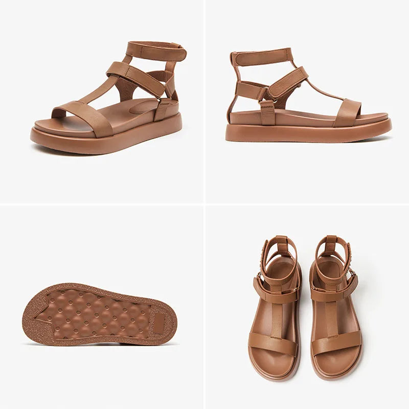 Calfskin Leather Open Toe T-Strap Gladiator Sandals